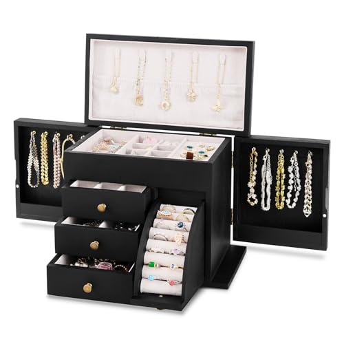 Poyilooo Jewelry Box Organizer, Solid Wood Jewelry Boxes for Women, Double Layer Jewelry Organizer Box Display Earring Necklace Bracelet Ring, Rustic Style Small Jewelry Box for Girls (Black) - Image 1
