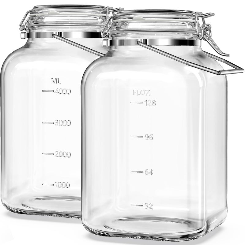 Folinstall 2 Pack 1.5 Gallon Glass Jar with Airtight Lid, 192 oz Square Wide Mouth Mason Jars with Stainless Steel Handle, Large Glass Storage Containers for Canning, Flour, Sugar, Rice, Pickled Eggs - Image 1
