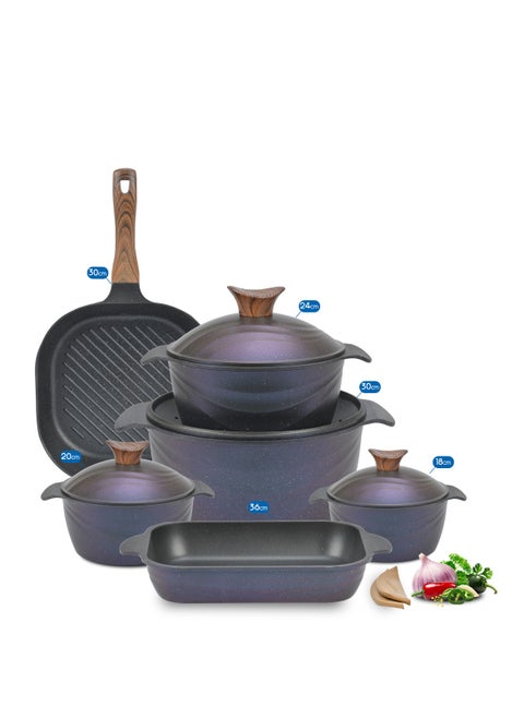 10 Piece NeoKlein Kitchen Cookware Set, Healthy, Non-Stick, Round, Granite Pot  Grill and Tagin 4 Pots (18 - 20 - 24 - 30) + Grill 30 + Tagin 36-Ocean