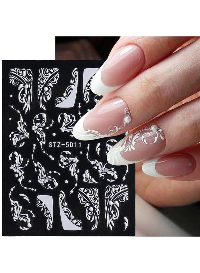 Macute Flower Nail Art Stickers Decals, 8 Sheets 5D Engraved Flower Nail Decals White Wedding Nail Art Accessories French Tips Nail Designs Self Adhesive Lace Flower Carving Nail Stickers for Women Girls - Image 3