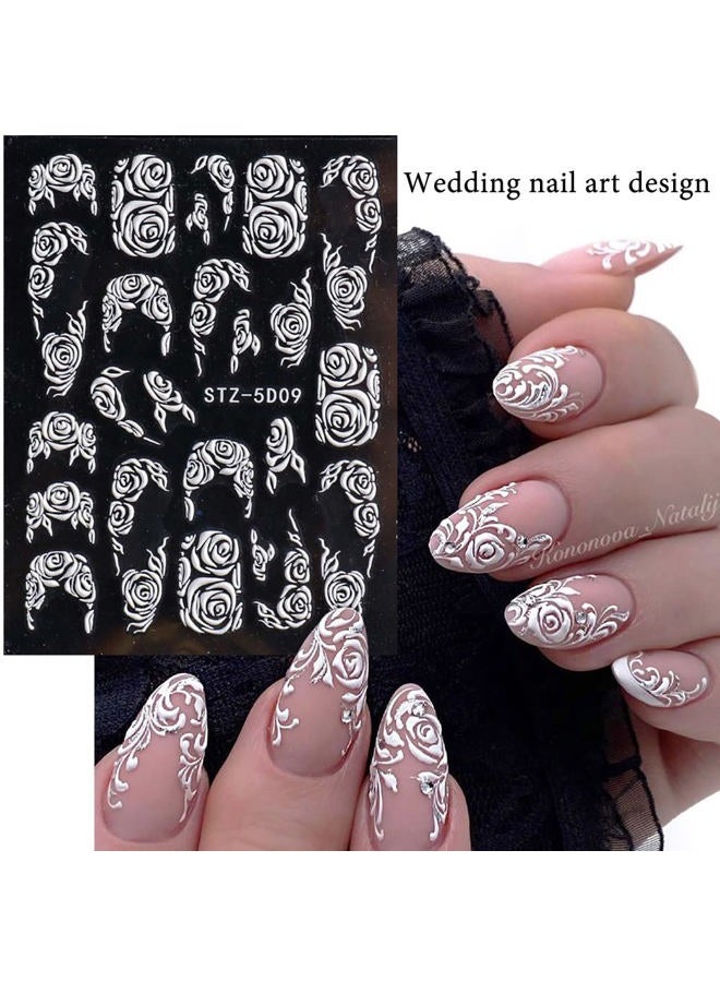 Macute Flower Nail Art Stickers Decals, 8 Sheets 5D Engraved Flower Nail Decals White Wedding Nail Art Accessories French Tips Nail Designs Self Adhesive Lace Flower Carving Nail Stickers for Women Girls - Image 4