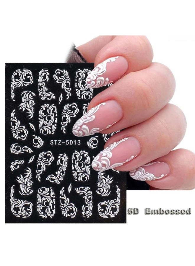 Macute Flower Nail Art Stickers Decals, 8 Sheets 5D Engraved Flower Nail Decals White Wedding Nail Art Accessories French Tips Nail Designs Self Adhesive Lace Flower Carving Nail Stickers for Women Girls - Image 5