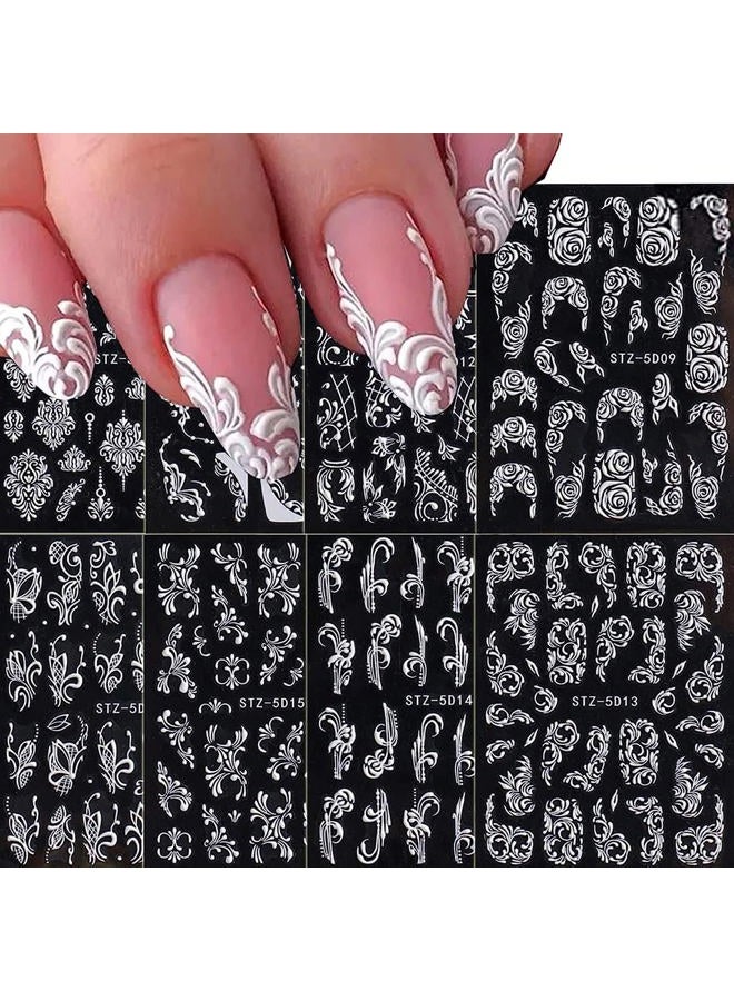 Macute Flower Nail Art Stickers Decals, 8 Sheets 5D Engraved Flower Nail Decals White Wedding Nail Art Accessories French Tips Nail Designs Self Adhesive Lace Flower Carving Nail Stickers for Women Girls - Image 1