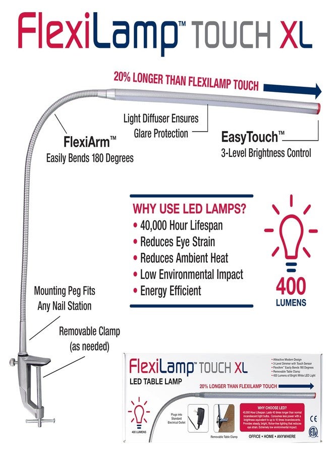 AMERICANAILS .COM Americanails FlexiLamp Touch XL - LED Table Desk Lamp - Removable Clamp - Adjustable Lighting for Nail Stations - Manicure Table Light - Flexible Arm - 3 Brightness Levels - Touch Sensor - 400 Lumens - Image 2