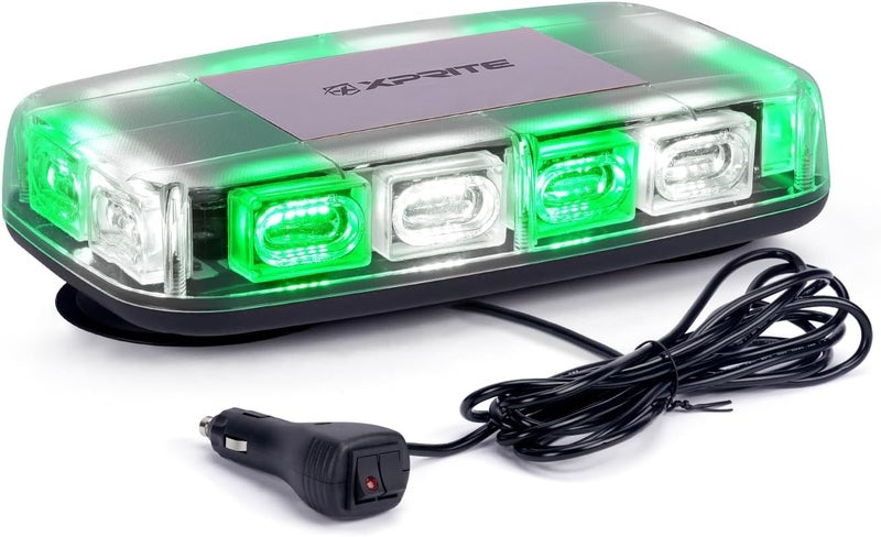 Xprite Upgraded 12" 72LED Rooftop Mini Strobe Lights, Emergency Safety Flashing Beacon Light bar with Magnetic Base for 12V-24V Construction Vehicles, Trucks, Snow Plow, Postal Car (Mix White/Green) - Image 1
