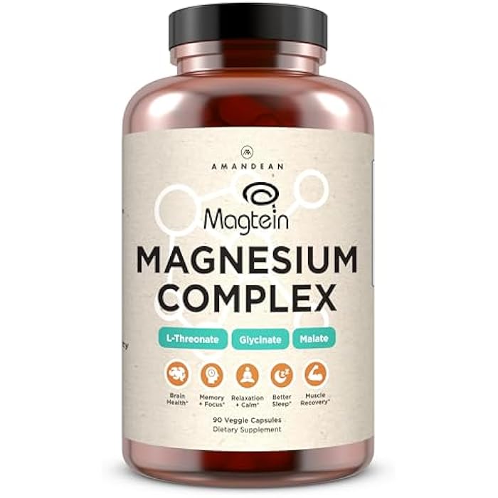 AMANDEAN Magtein Magnesium Complex. L-Threonate, Glycinate, Malate Triple Blend Chelated Magnesium Supplement. 90 Veggie Capsules. High Absorption Branded Ingredients. Brain Health, Sleep, Calm*. - Image 1
