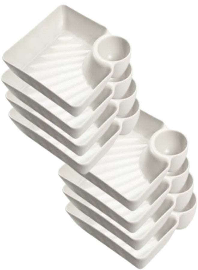 KASQUE® Pasta Plate Dumpling Serving Plate with Sauce Compartment Plastic Plate Nachos, Momos, French Fries, Chips Snacks Dish,18.3 x 17 x 3.5 cm, White, Pack of 8 - Image 1