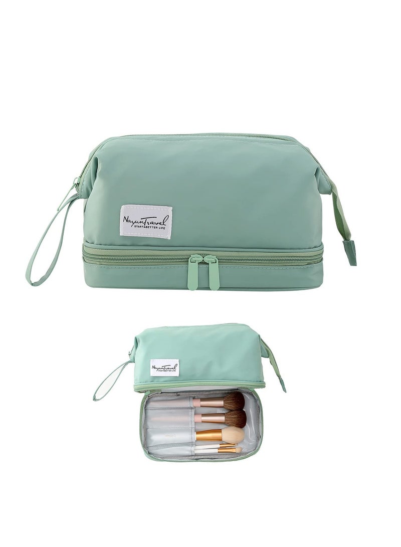 SYOSI 2 in 1 Double Layer Large Capacity Makeup Bag with Brush Organiser Portable Zip Toiletries Organizer PVC Material Scratch Prooffor Watterproof for Women Girls Men Home or traveling Green - Image 1