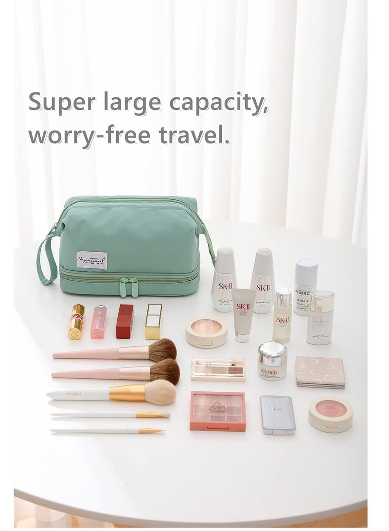 SYOSI 2 in 1 Double Layer Large Capacity Makeup Bag with Brush Organiser Portable Zip Toiletries Organizer PVC Material Scratch Prooffor Watterproof for Women Girls Men Home or traveling Green - Image 4