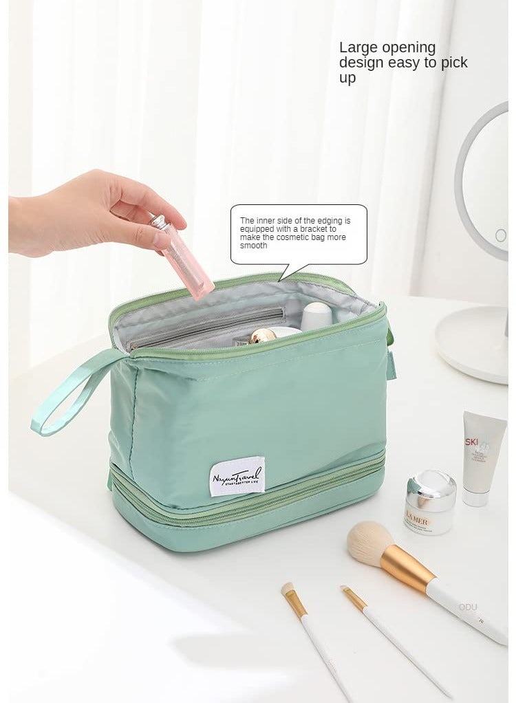 SYOSI 2 in 1 Double Layer Large Capacity Makeup Bag with Brush Organiser Portable Zip Toiletries Organizer PVC Material Scratch Prooffor Watterproof for Women Girls Men Home or traveling Green - Image 2