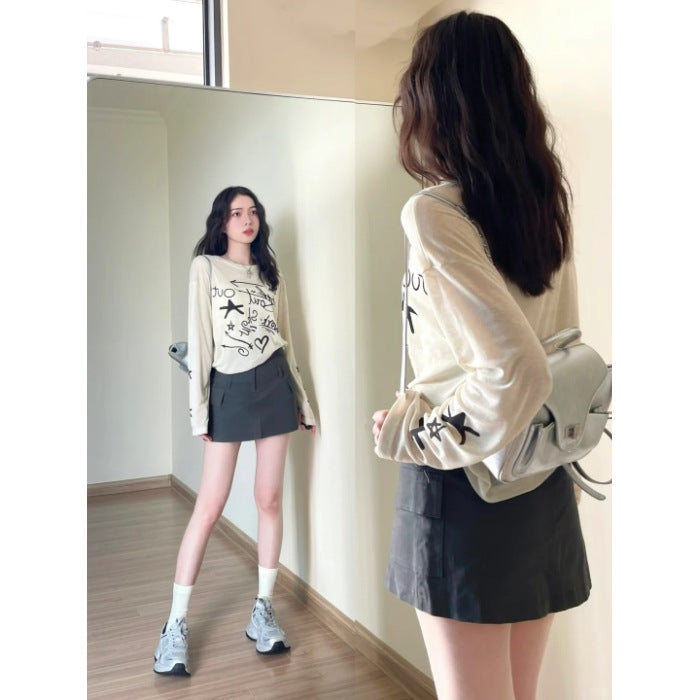 White Print Ice Silk Sunscreen Long-Sleeve Tee for Women White