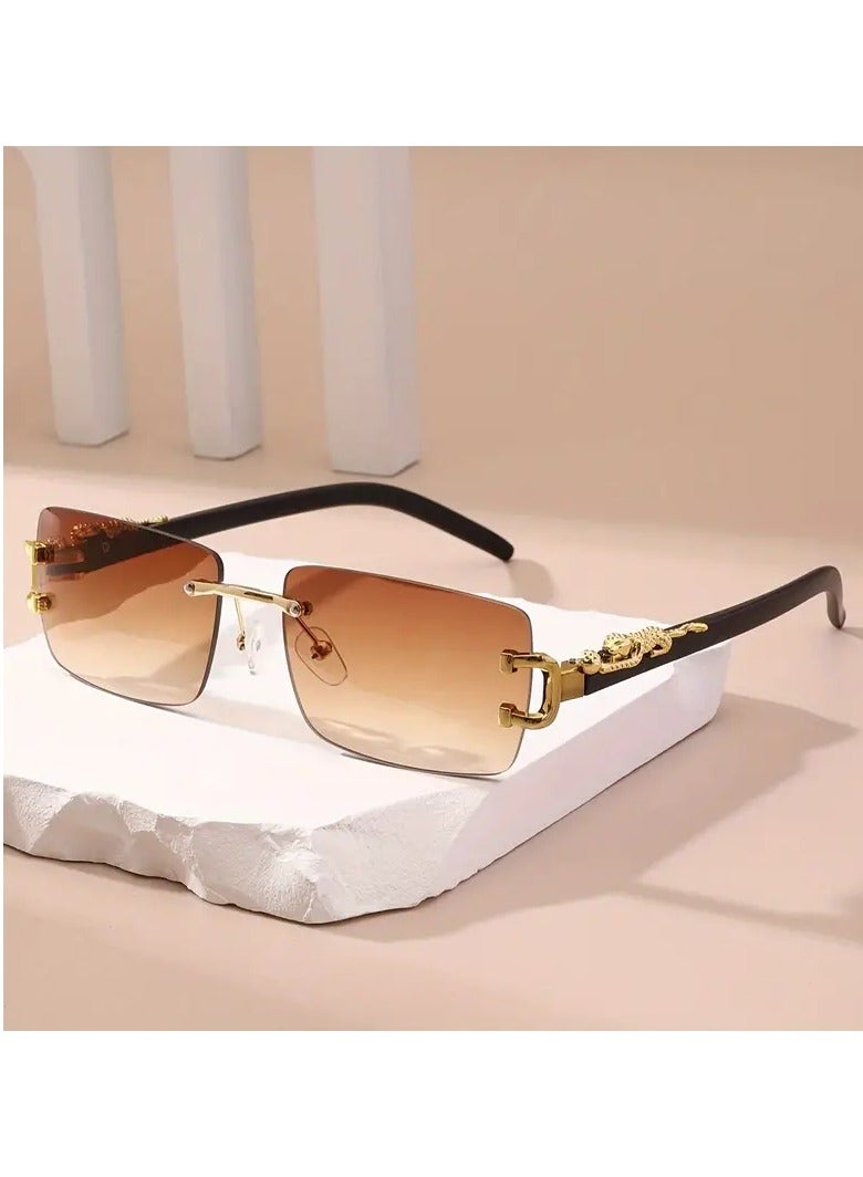 POLITE Brown Gradient Rimless Cheetah Leopard Fashion Sunglasses for Men & Women, Stylish Party Sun Shades Luxury Fashion Icon for Adults - Image 1