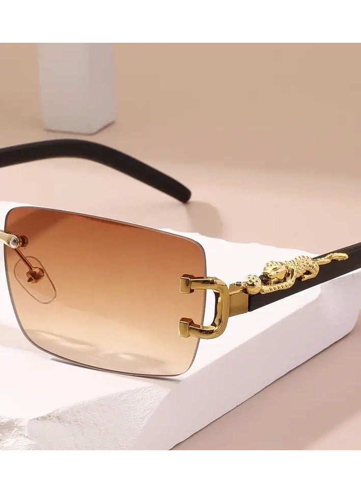 POLITE Brown Gradient Rimless Cheetah Leopard Fashion Sunglasses for Men & Women, Stylish Party Sun Shades Luxury Fashion Icon for Adults - Image 2