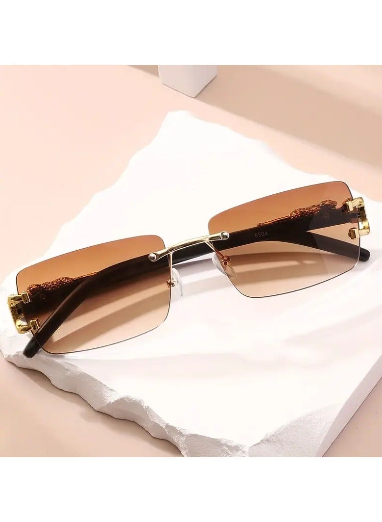 POLITE Brown Gradient Rimless Cheetah Leopard Fashion Sunglasses for Men & Women, Stylish Party Sun Shades Luxury Fashion Icon for Adults - Image 3