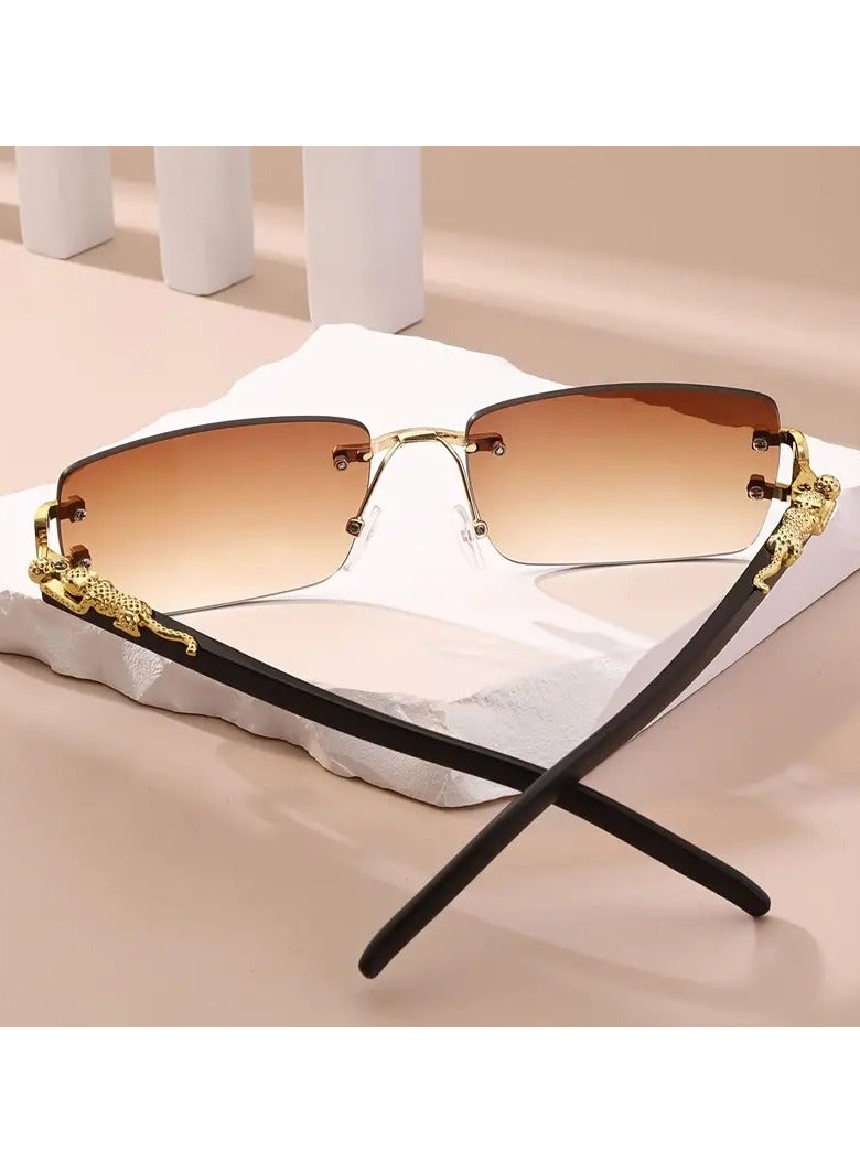 POLITE Brown Gradient Rimless Cheetah Leopard Fashion Sunglasses for Men & Women, Stylish Party Sun Shades Luxury Fashion Icon for Adults - Image 4