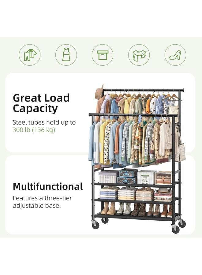 EKisemio Clothing Racks for Hanging Clothes, Rolling Clothes Rack, Portable Wardrobe Rack with 3 Shelves, Heavy Duty Garment Rack for Bedroom, Laundry, Living Room, Max Load 400LBS, Black - Image 5