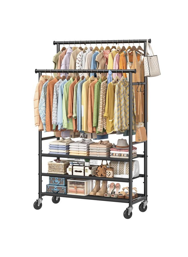EKisemio Clothing Racks for Hanging Clothes, Rolling Clothes Rack, Portable Wardrobe Rack with 3 Shelves, Heavy Duty Garment Rack for Bedroom, Laundry, Living Room, Max Load 400LBS, Black - Image 1