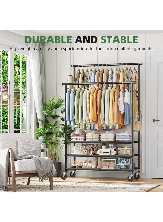 EKisemio Clothing Racks for Hanging Clothes, Rolling Clothes Rack, Portable Wardrobe Rack with 3 Shelves, Heavy Duty Garment Rack for Bedroom, Laundry, Living Room, Max Load 400LBS, Black - Image 2