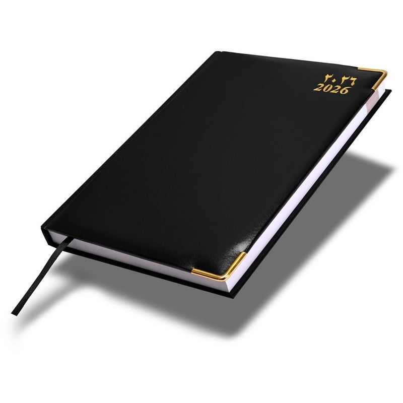 FIS 2026 Agenda Diary, 170x240mm Size, 1 Side Padded Vinyl Cover with Golden Corners, 1 Day a Page Format, Arabic/English, 60gsm White Paper, Black Cover-FSDI75AEVG26BK - Image 1