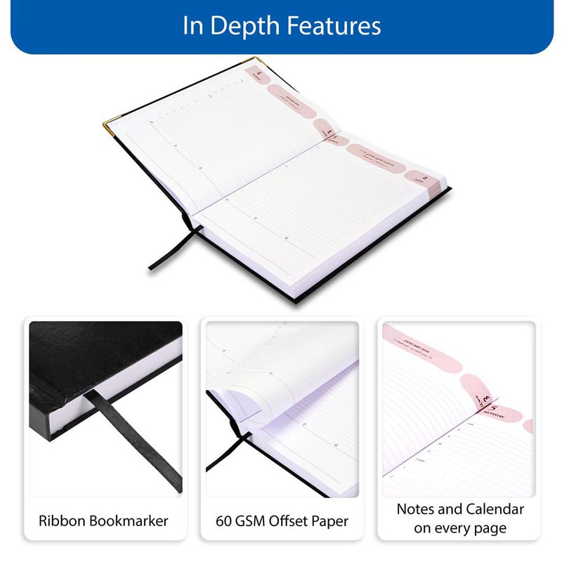 FIS 2026 Agenda Diary, 170x240mm Size, 1 Side Padded Vinyl Cover with Golden Corners, 1 Day a Page Format, Arabic/English, 60gsm White Paper, Black Cover-FSDI75AEVG26BK - Image 5