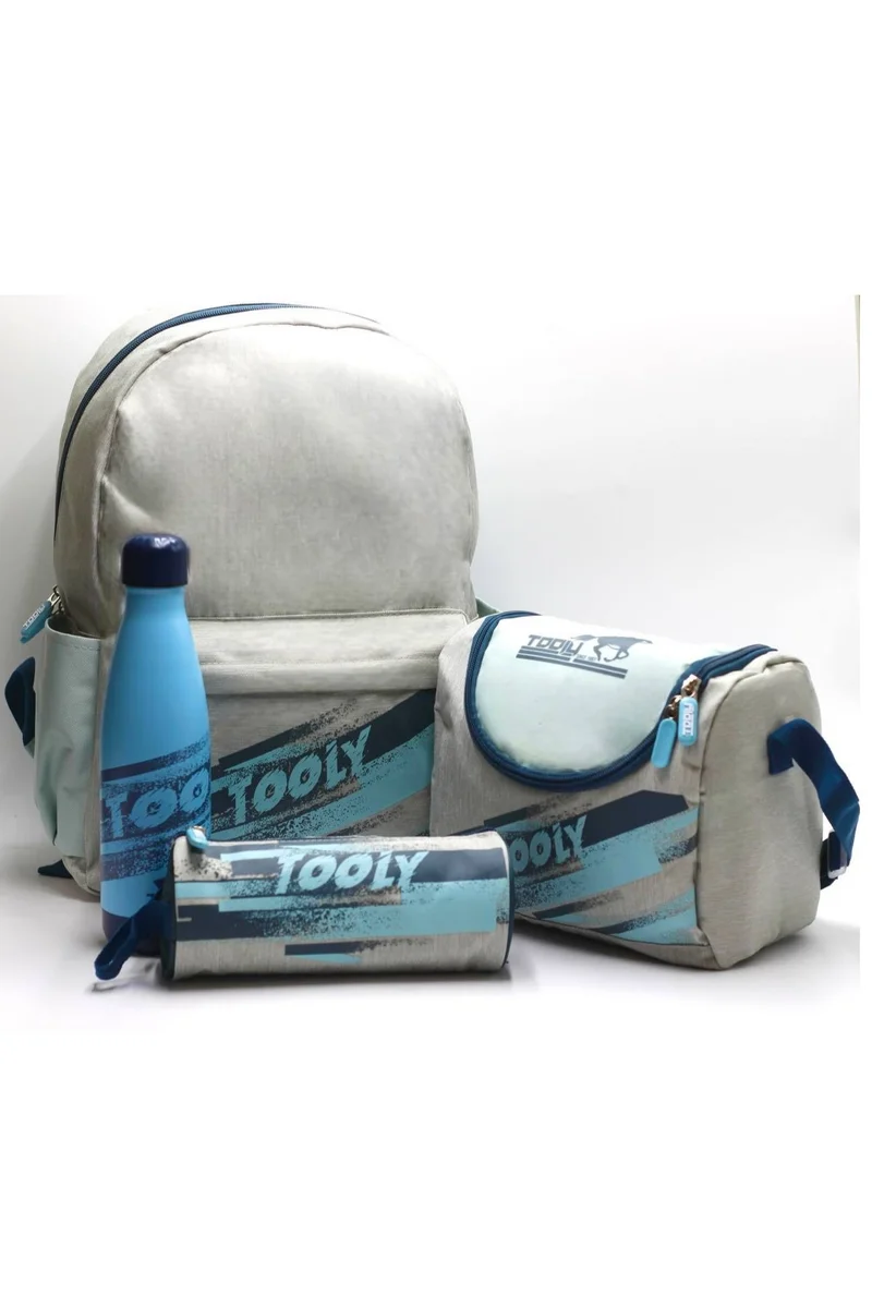 TOOLY School Set Backpack, Lunch Bag, Water Bottle, Pencil Case, Grey and Blue, Set of 4