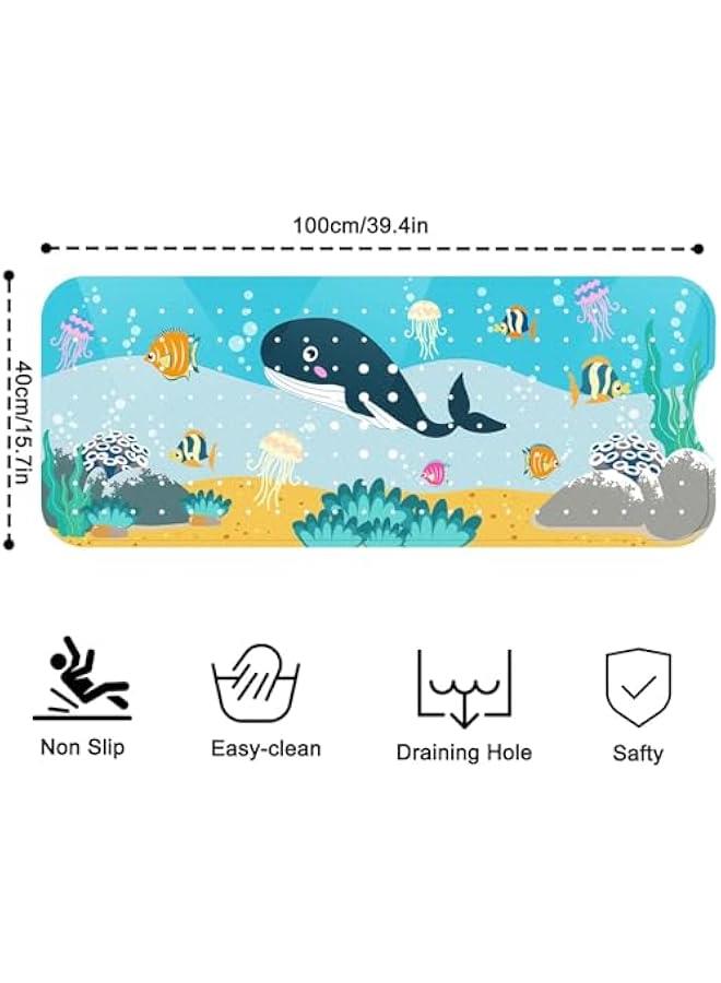 ميكسد سجادة حمام للاطفال من تراسل، 40 × 16 انش، سجادة حوض استحمام للاطفال مضادة للانزلاق، سجادة حمام بنمط رسوم متحركة مضادة للانزلاق مع اكواب شفط وفتحات تصريف (حوت) - Image 2