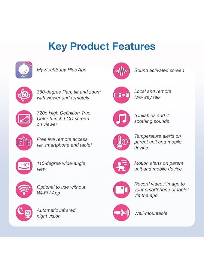 VTech Upgraded Smart WiFi Baby Monitor VM901, 5-inch 720p Display, 1080p Camera, HD NightVision, Fully Remote Pan Tilt Zoom, 2-Way Talk, Free Smart Phone App, Works with iOS, Android - Image 4