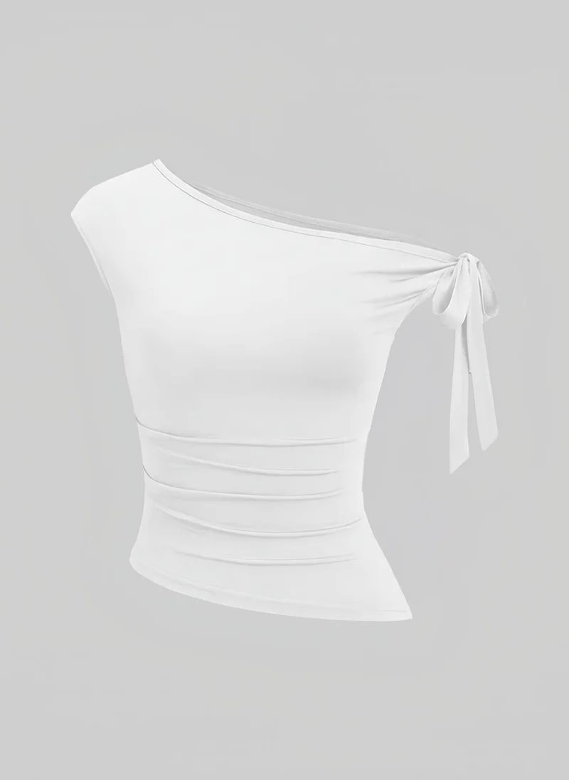 Take Two White One Shoulder Knot-Detail Top