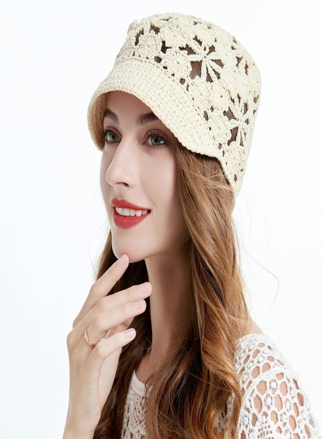 ZLYC Women Summer Slouchy Crochet Hat Handmade Cutout Knit Skull Cap with Visor (Plain Beige), Plain Beige, One size - Image 2
