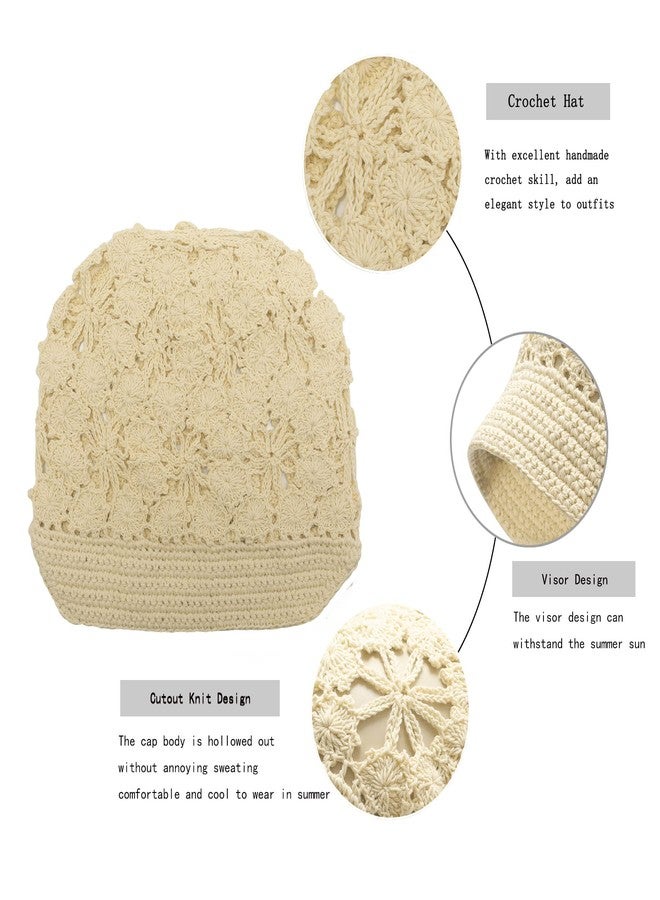ZLYC Women Summer Slouchy Crochet Hat Handmade Cutout Knit Skull Cap with Visor (Plain Beige), Plain Beige, One size - Image 4