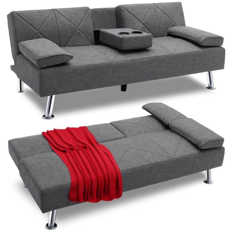 VECELO VECELO Modern Convertible Folding Futon Sofa Bed with Removable Armrests Breathable Linen Recliner Couch for Living RoomApartment Lounge 2 Cup Holders 