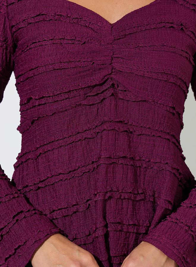 Styli Burgundy Textured Sweetheart Neck Long Sleeve Peplum Top - Image 3