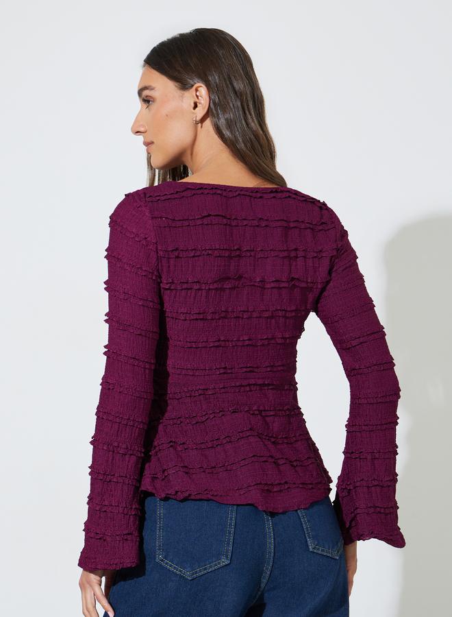 Styli Burgundy Textured Sweetheart Neck Long Sleeve Peplum Top - Image 4