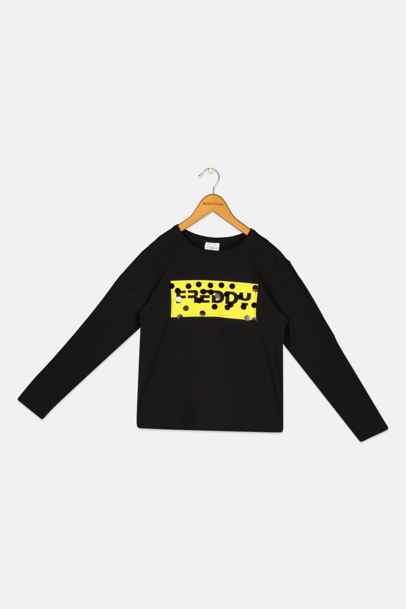 FREDDY Kids Girl Round Neck Long Sleeve Graphic Print Tees, Black - Image 1