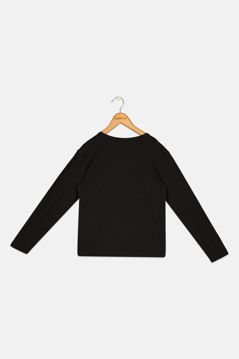 FREDDY Kids Girl Round Neck Long Sleeve Graphic Print Tees, Black - Image 2