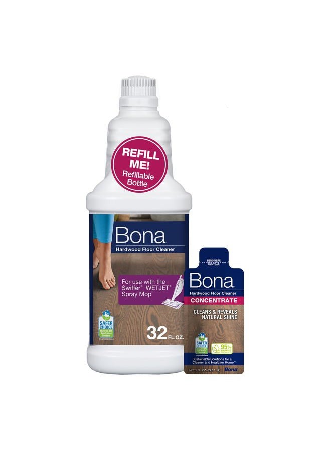 BONA Hardwood Floor Cleaner Bottle for use with Swiffer WETJET Spray Mop, makes 64 Fl Oz - Includes Filled Bottle + Concentrate Refill for Wood Floor Cleaning - Image 1