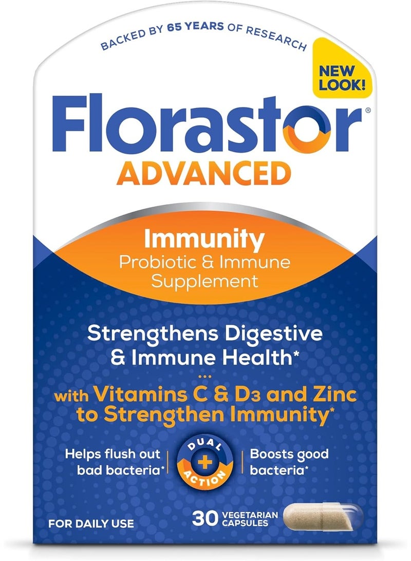 Florastor Select Immunity Boost Daily Probiotic & Immune Support Supplement for Women and Men, Saccharomyces Boulardii CNCM I-745 Plus Zinc, Vitamin C & D3 (30 Capsules) - Image 1