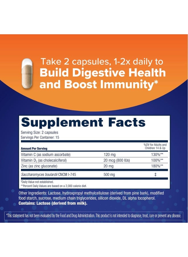 Florastor Select Immunity Boost Daily Probiotic & Immune Support Supplement for Women and Men, Saccharomyces Boulardii CNCM I-745 Plus Zinc, Vitamin C & D3 (30 Capsules) - Image 2