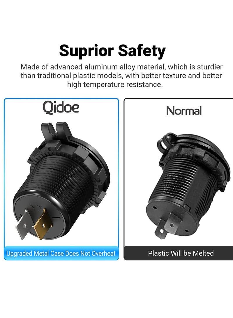 SYOSI 12V Car Charger USB Outlet, Dual Quick Charge 3.0 Socket with LED Voltmeter and Power Switch, Waterproof Aluminum Adapter for RV Marine Motorcycle Truck Golf Cart, etc - Image 4
