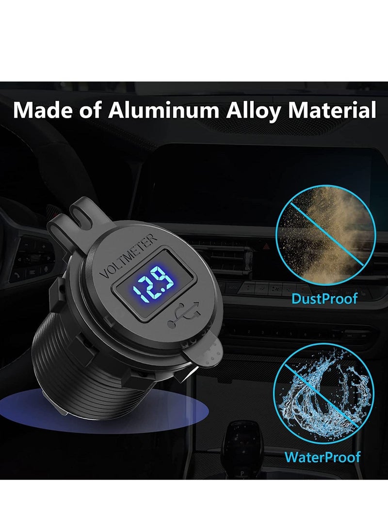 SYOSI 12V Car Charger USB Outlet, Dual Quick Charge 3.0 Socket with LED Voltmeter and Power Switch, Waterproof Aluminum Adapter for RV Marine Motorcycle Truck Golf Cart, etc - Image 2