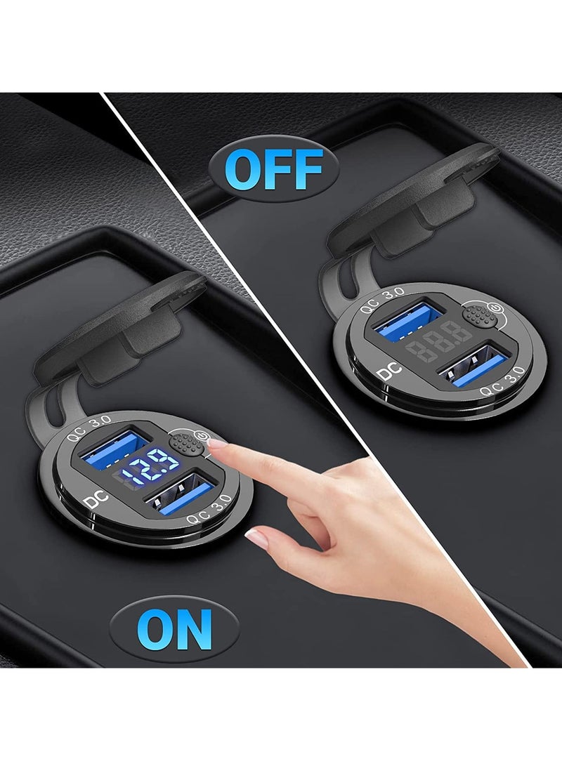 SYOSI 12V Car Charger USB Outlet, Dual Quick Charge 3.0 Socket with LED Voltmeter and Power Switch, Waterproof Aluminum Adapter for RV Marine Motorcycle Truck Golf Cart, etc - Image 3