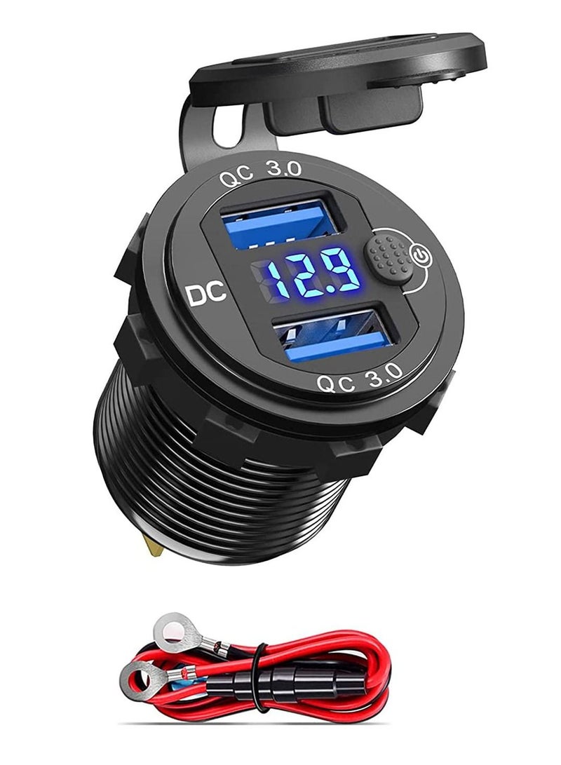 SYOSI 12V Car Charger USB Outlet, Dual Quick Charge 3.0 Socket with LED Voltmeter and Power Switch, Waterproof Aluminum Adapter for RV Marine Motorcycle Truck Golf Cart, etc - Image 1