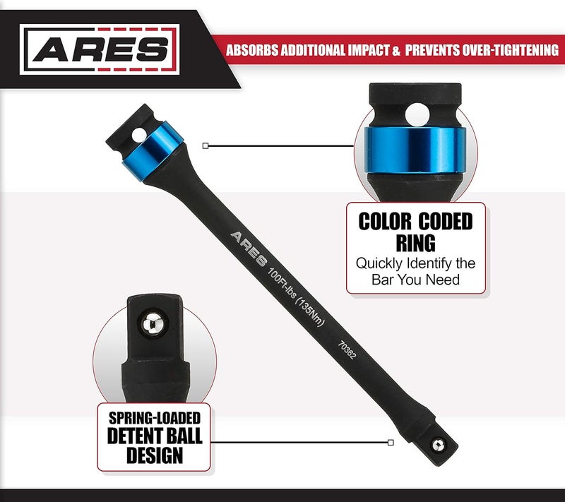 ARES 70362-100 Foot/Pound Torque Limiting Extension Bar - Chrome Moly 1/2-Inch Drive 8-Inch Long Impact Grade Bar - Flex Action Prevents Over-Tightening - Color Coded for Easy Identification - Image 3