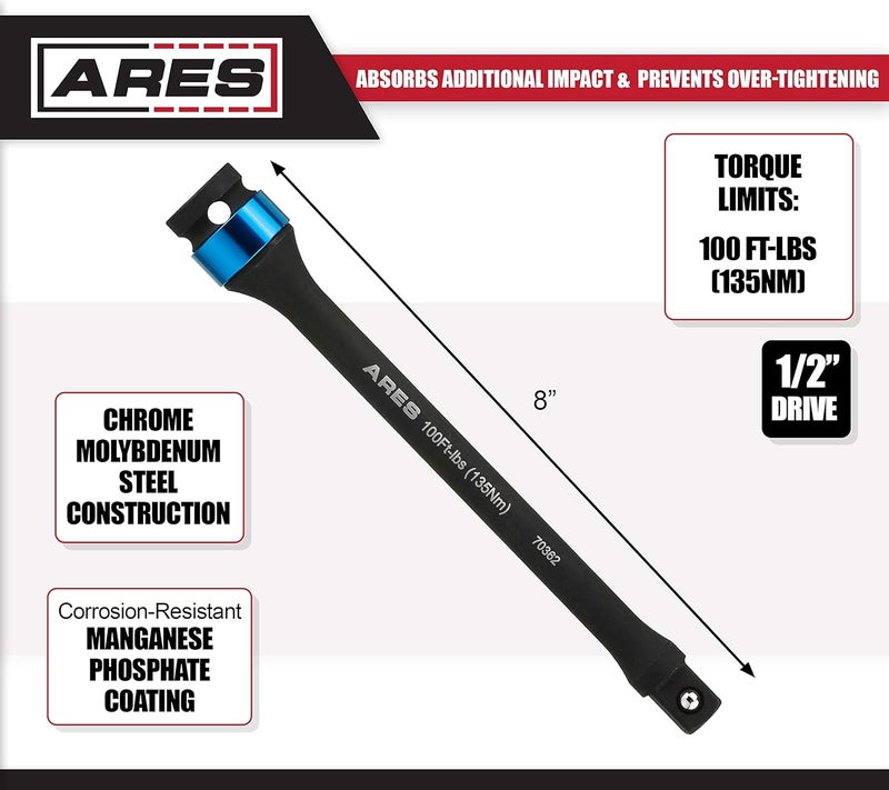 ARES 70362-100 Foot/Pound Torque Limiting Extension Bar - Chrome Moly 1/2-Inch Drive 8-Inch Long Impact Grade Bar - Flex Action Prevents Over-Tightening - Color Coded for Easy Identification - Image 2