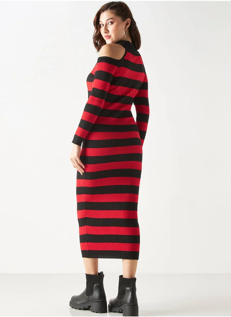 2Xtremz Cold Shoulder Striped Bodycon Dress