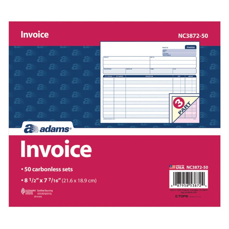 Adams Invoice Unit Sets, 7.44 x 8.5 Inch, 3-Part, Carbonless, White/Canary/Pink, 50 Sets per Pack (NC3872-50) - Image 2