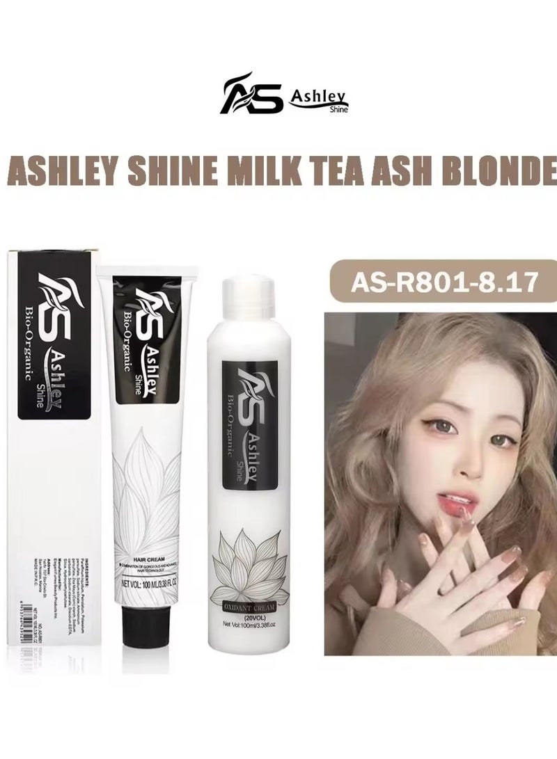 آشلي صبغة شعر أشلي شاين مع مؤكسد بلون أشقر رمادي فاتح AS-R801-8.17 100 مل + مؤكسد 6% 100 مل صبغة شعر أنيقة للشعر - Image 1