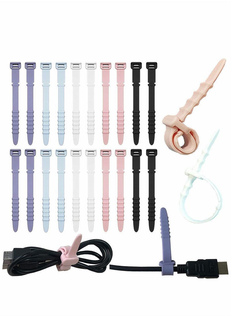 SYOSI Cable Ties, Silicone Zip Ties, Reusable Zip Ties, Rubber Cable Ties Straps, for Wire Management, Elastic Cable Organizer, for Home Office Table Desk. 4.5”, 20pcs (White, Black, Pink, Purple, Blue)  - Image 1