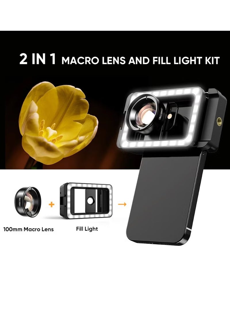 آبيكسل عدسة ماكرو جديدة مطورة 4k HD 100 مللي متر مع ضوء تعبئة LED عدسات صغيرة بمشبك عالمي لهواتف وسامسونج وجميع الهواتف الذكية - Image 1