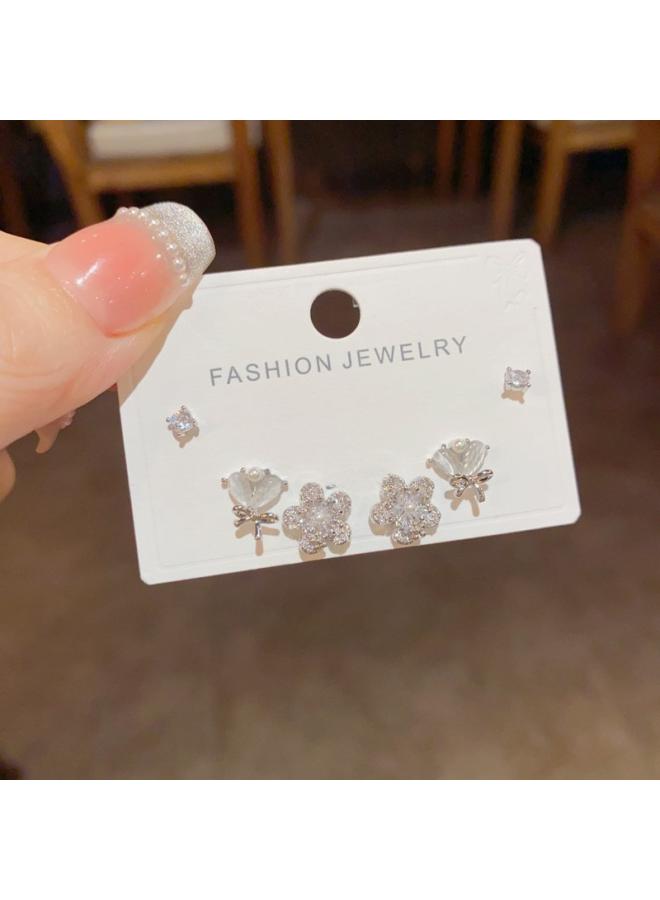 S925 Silver Needle Micro Inlaid Zircon Short Earrings Short Hair Earrings And Korean Elegant All-match Simple Three-piece Set Earrings For Women 
